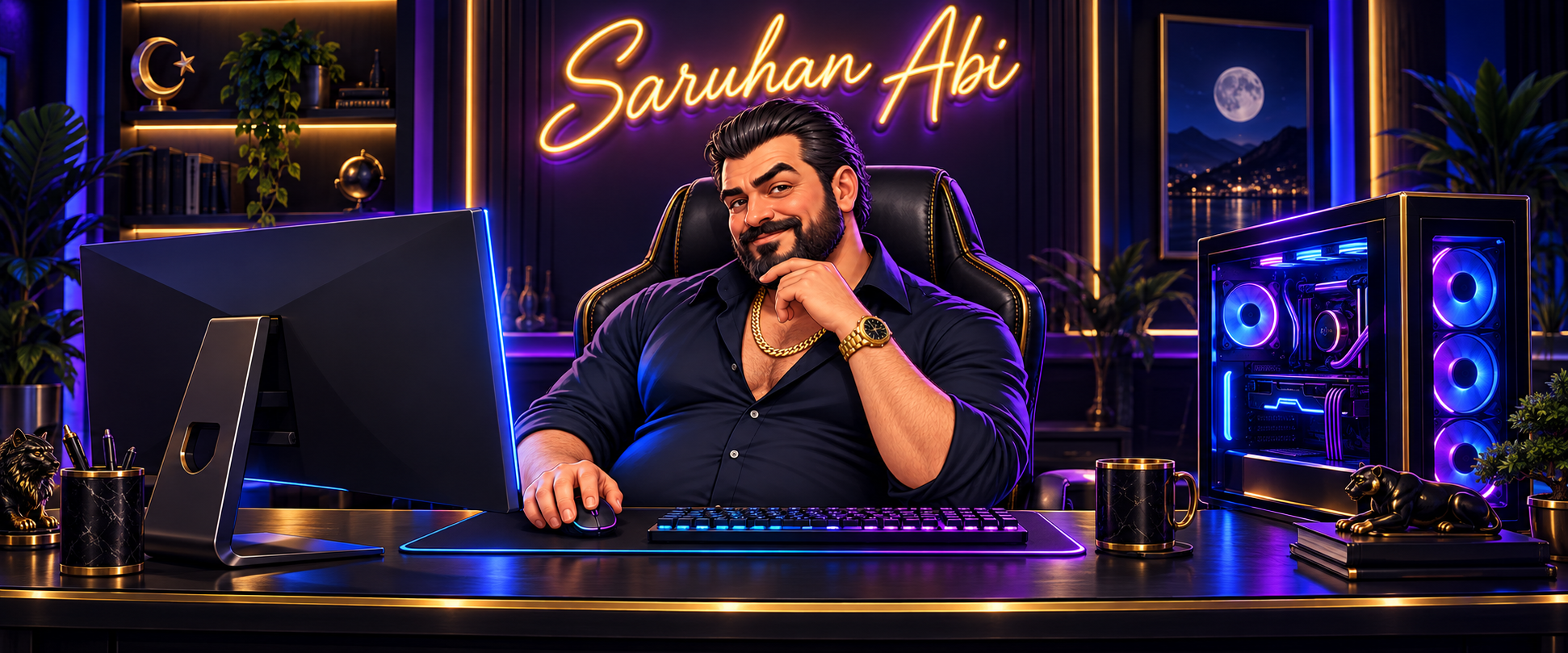 Neon Saruhan Abi tabelasının altında, altın saati ve kolyesiyle oyuncu bilgisayarının başında oturan Saruhan Abi.